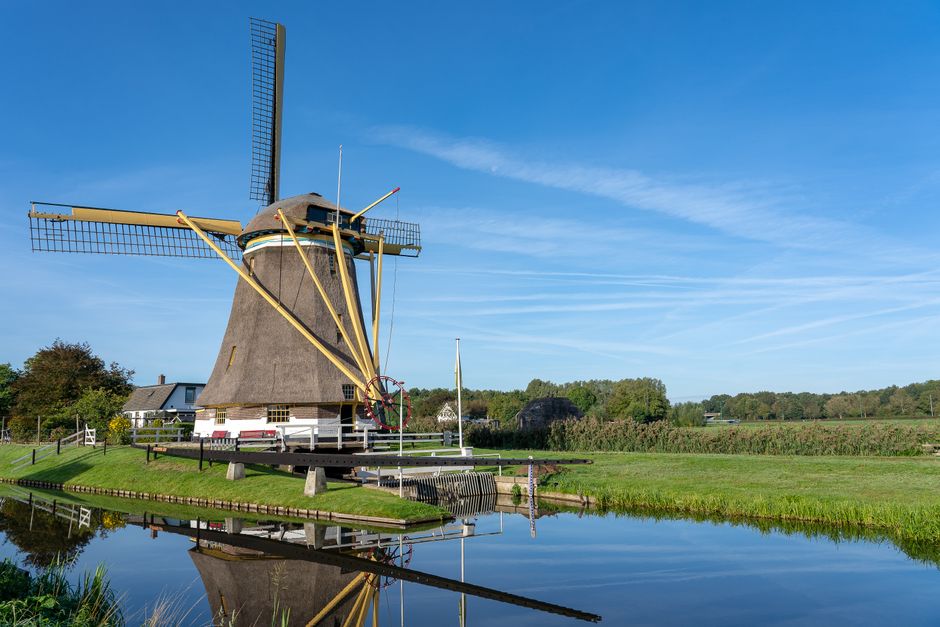Scenic view of a traditional Dutch windmill by a canal under a clear blue sky.